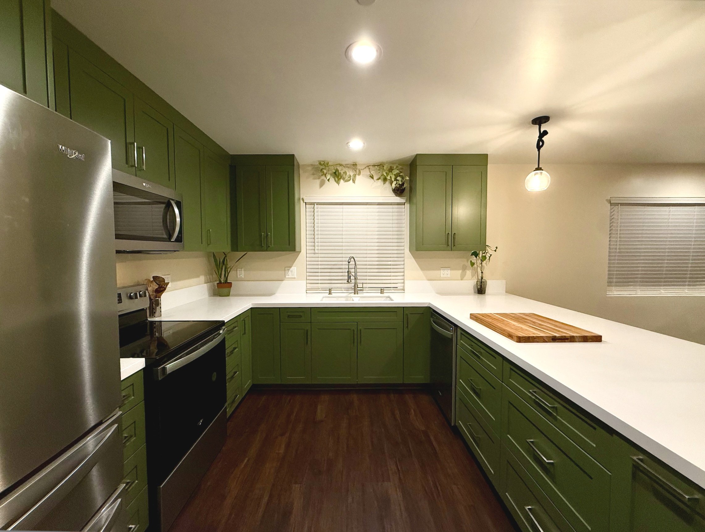 Modern kitchen remodel with green cabinets